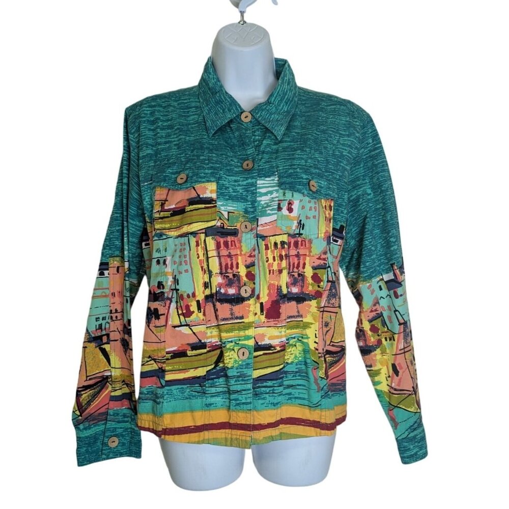 Vtg.  Jane Ashley Art to wear Top button up sailboat scenery Size XL